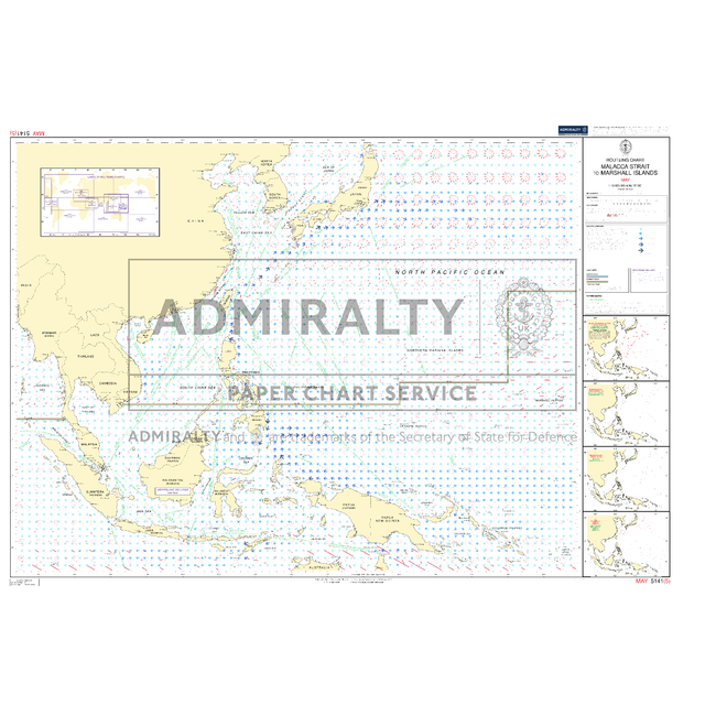 Admiralty Routeing Chart 5141(5): Malacca Strait to Marshall Islands - May by Admiralty shows shipping routes, depths, and coastal outlines from East Asia to the Pacific, with inset maps and navigation diagrams on the right.