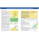 Motorboating: Start To Finish by Fernhurst Books unfolds with yellow, green, and beige navigation charts. The left page highlights tide impacts and maps, while the right discusses satellite positions, chart corrections, and boat handling essentials.