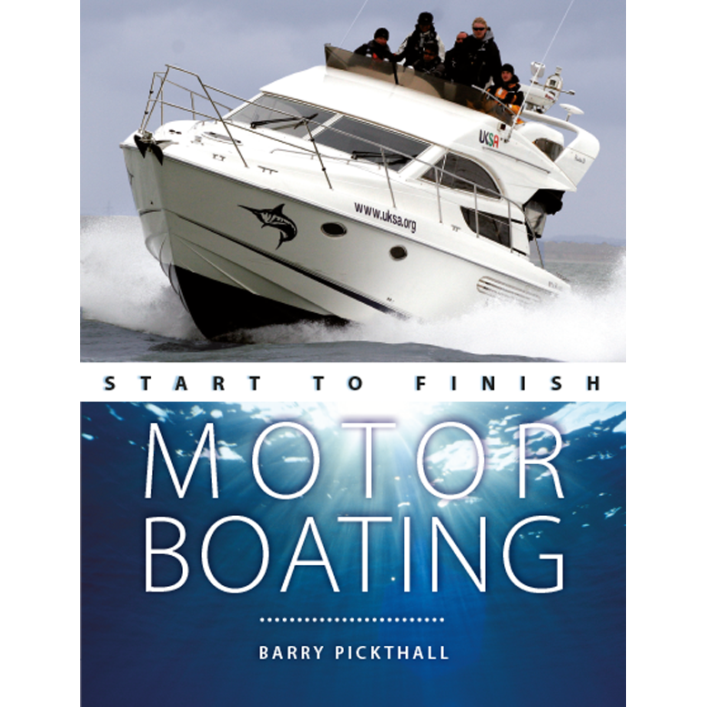 Cover of "Motorboating: Start To Finish" by Fernhurst Books, showcasing expert boat handling as a motorboat navigates through water splashes with people onboard.