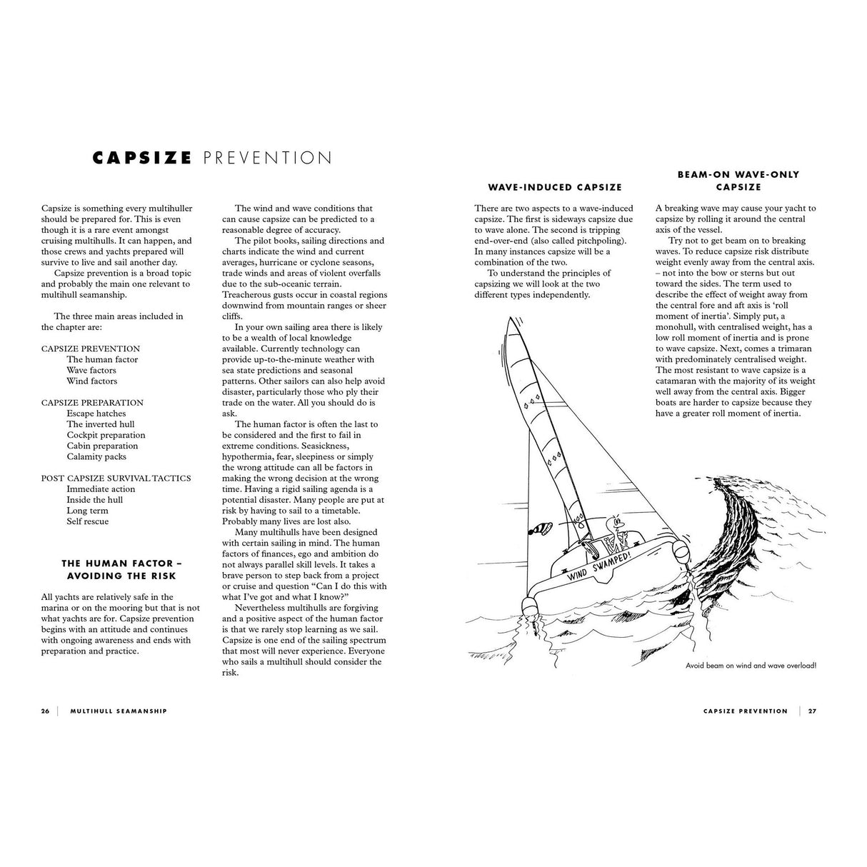 Fernhurst Books' "Multihull Seamanship" explores capsize prevention with illustrations of multihull sailboats on waves. It covers wave-induced and beam-on-wave capsizes, focusing on weather, human factors, and expert tips for catamaran and trimaran safety in sailing.