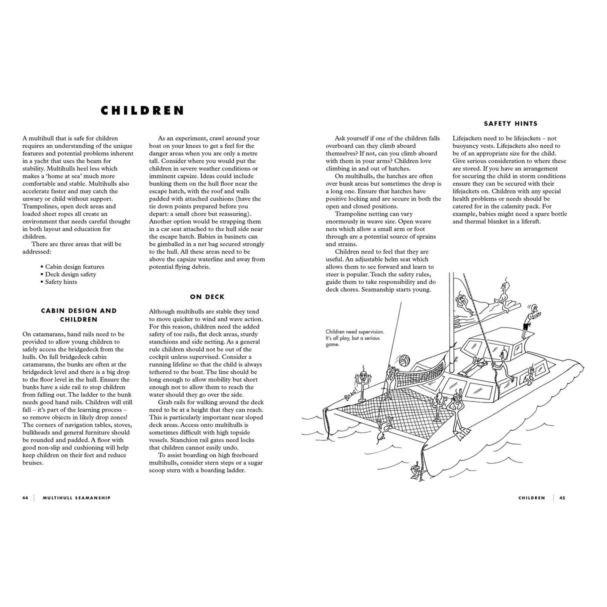 A Fernhurst Books black-and-white magazine page features two columns of text from "Multihull Seamanship" on boating safety for children. Simple line drawings show a catamaran with people, including kids, engaged in activities on deck.