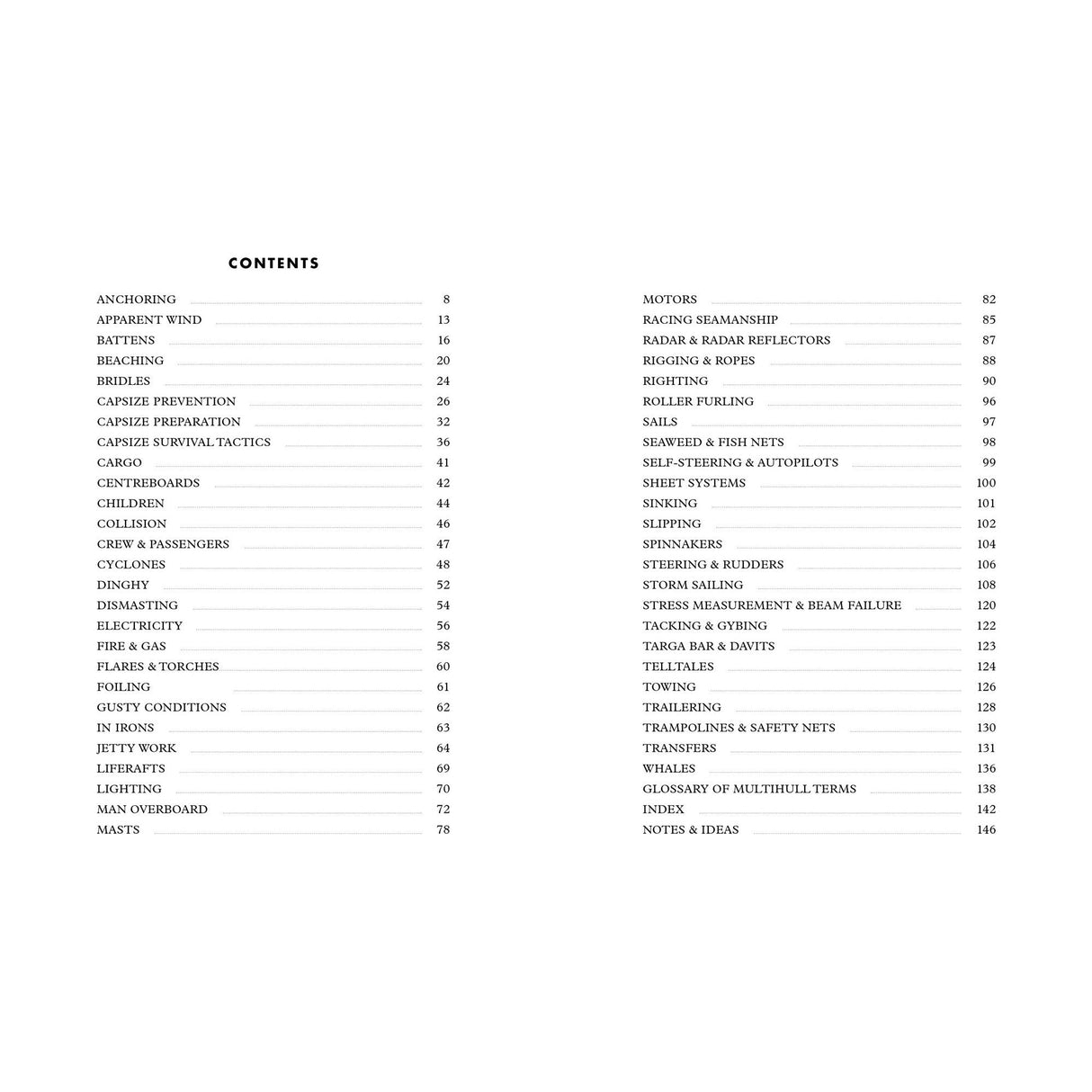 The image shows a two-column table of contents from "Multihull Seamanship" by Fernhurst Books, detailing topics such as anchoring, navigation, safety, engines, and a glossary with page numbers for catamaran enthusiasts.