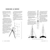 Two pages from "Multihull Seamanship" by Fernhurst Books include diagrams of a sailboat's mast and lines, with text on setting up multihull rigging, proper tensioning, and regular maintenance checks for durability and safety in trimarans.