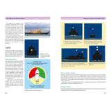 A two-page spread from the "Day Skipper for Sail and Power" by Adlard Coles. It includes images of ships with lights, a diagram explaining their significance, and instructions on avoiding collisions. The text covers navigation lights, basic principles, power vessels, sailing vessels, and essential coastal navigation skills in accordance with RYA Day Skipper guidelines.