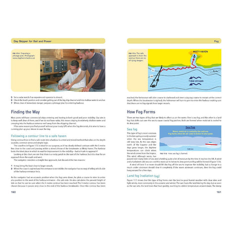 A two-page spread from the Adlard Coles Day Skipper for Sail and Power guide. The left page features text and images on sailing skills and power handling, including steps for safe depth measurement. The right page explains fog formation with a diagram depicting fog over a coastal area and accompanying text.