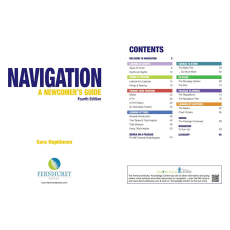 The image is a book cover titled "Navigation: A Newcomer's Guide, Fourth Edition" by Sara Hopkinson, tailored for beginners and day skippers. It includes the table of contents, covering numerous topics related to navigation. Logos of Fernhurst Books and Knowledge Centre are at the bottom.