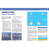 A page in Fernhurst Books' "Navigation: A Newcomer's Guide" discusses "Looking at Tides." It includes diagrams of tide influences by the sun and moon, and their ranges. Ideal for day skippers and beginners, photos show a harbor at high tide and low tide. Text explains various effects of tides and related sailing conditions for students.