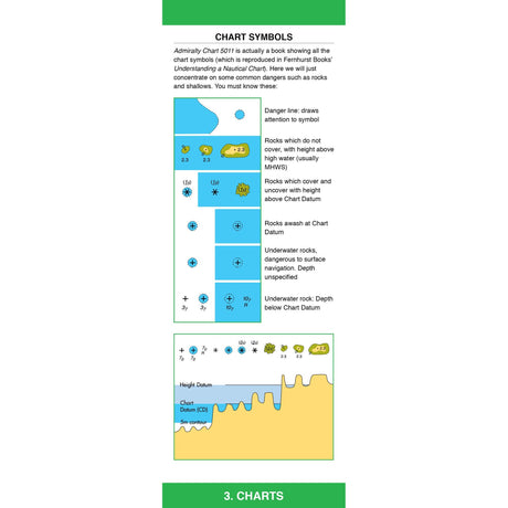 Navigation Companion by Fernhurst Books is an essential infographic guide to nautical chart symbols, detailing dangers like rocks and underwater hazards, depth contours, and their connection to Chart Datum and Mean High Water Springs (MHWS).