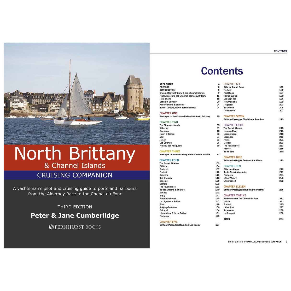 The cover of the "North Brittany & Channel Islands Cruising Companion" by Fernhurst Books, third edition, features a yacht near a harbor, embodying Northern Brittany cruising. On the right is the table of contents with pilotage info and chapter listings.