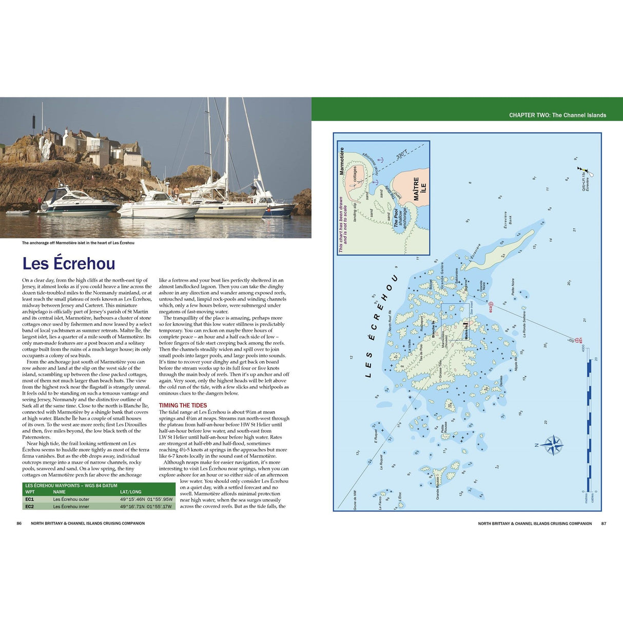 The North Brittany & Channel Islands Cruising Companion by Fernhurst Books features a nautical map of Les Écréhous, showing sailboats near rocky islets with small buildings, accompanied by informative text on the left and a detailed pilotage map on the right for Channel Islands navigation.