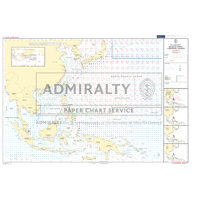 Admiralty Routeing Chart 5141(11): Malacca Strait to Marshall Islands - November shows the North Pacific, East Asia, and the Marshall Islands with navigation routes and maritime markings. Brand: Admiralty.