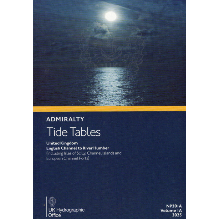 Cover of "Admiralty Tide Tables NP201A (2025)" for the UK, featuring the English Channel to River Humber. The UK Hydrographic Office publishes this edition, showcasing a moonlit sky over a serene blue ocean and providing essential tidal data.