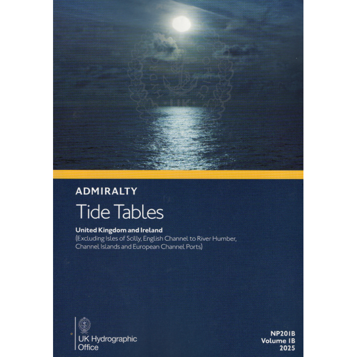 The cover of the "Admiralty Tide Tables NP201B (2025): United Kingdom and Ireland" by the UK Hydrographic Office features a night sea with moon reflections, perfect for voyage planning and detailing its geographical coverage.