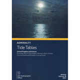 The cover of the "Admiralty Tide Tables NP201B (2025): United Kingdom and Ireland" by the UK Hydrographic Office features a night sea with moon reflections, perfect for voyage planning and detailing its geographical coverage.