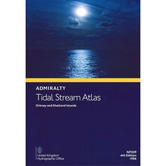 The cover of the "Admiralty Tidal Stream Atlas NP209: Orkney and Shetland Islands," from the United Kingdom Hydrographic Office, 4th Edition (1986), displays a moonlit ocean scene with tidal streams and features the UKHO logo, ideal for voyage planning.