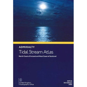 The Admiralty Tidal Stream Atlas NP218 features a moonlit ocean scene with clouds on its cover, ideal for voyage planning. Text reads: "North Coast of Ireland and West Coast of Scotland, 5th Edition, 1995," with the United Kingdom Hydrographic Office logo at the bottom.
