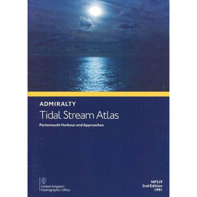 Cover of Admiralty Tidal Stream Atlas NP219: Portsmouth Harbour and Approaches by Admiralty, featuring a moonlit seascape beneath a cloudy night sky, with the title and publication details in white text—ideal for navigation planning.