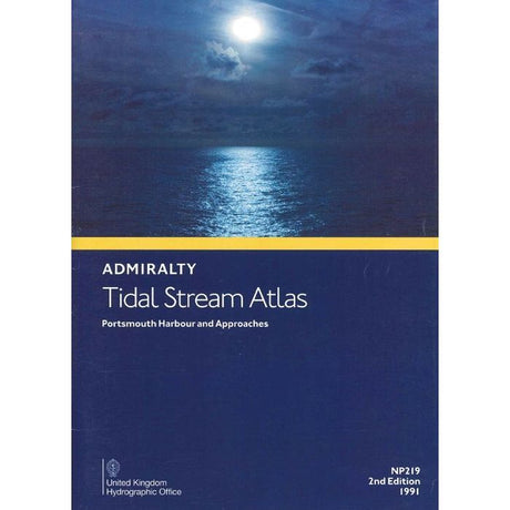 The United Kingdom Hydrographic Office's Admiralty Tidal Stream Atlas NP219 for Portsmouth Harbour and Approaches features a 1991 cover with a moonlit sea scene above and essential tidal calculation text below, aiding in voyage planning.