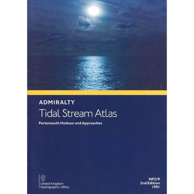 The United Kingdom Hydrographic Office's Admiralty Tidal Stream Atlas NP219 for Portsmouth Harbour and Approaches features a 1991 cover with a moonlit sea scene above and essential tidal calculation text below, aiding in voyage planning.