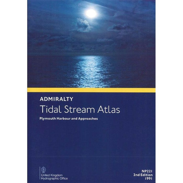 The "Admiralty Tidal Stream Atlas NP221: Plymouth Harbour and Approaches" features a moonlit ocean on its cover, making it essential for voyage planning. This 2nd edition from 1991 is published by the United Kingdom Hydrographic Office.