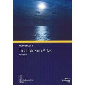 Cover of Admiralty Tidal Stream Atlas NP233: Dover Strait by Admiralty, featuring a moonlit sea and clouds—ideal for voyage planning and tidal stream directions. 3rd edition, 1995, UK Hydrographic Office.