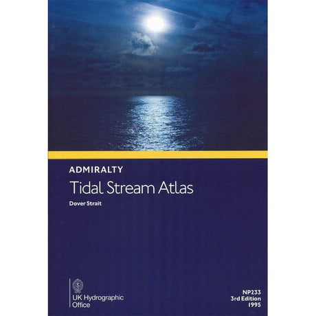 The "Admiralty Tidal Stream Atlas NP233: Dover Strait" by the United Kingdom Hydrographic Office, 3rd Edition, 1995, is vital for voyage planning. Its cover shows a moonlit ocean with clouds reflecting light, indicating tidal stream directions crucial for safe navigation.