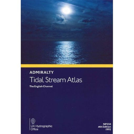 Cover of "Admiralty Tidal Stream Atlas NP250: English Channel" by United Kingdom Hydrographic Office features a moonlit sea under clouds. Includes "4th Edition 1997." Ideal for mariners seeking precise tidal calculations.