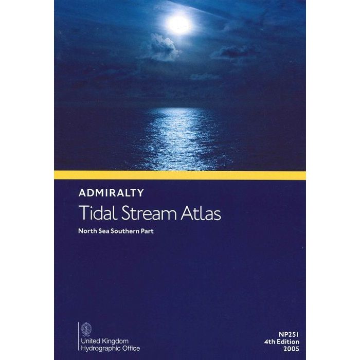 The "Admiralty Tidal Stream Atlas NP251: North Sea, Southern Part," by the United Kingdom Hydrographic Office, features a cover with a moonlit ocean and cloudy night sky, reminiscent of classic nautical charts. It is the 4th edition, published in 2005.