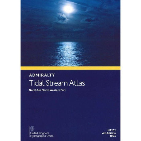 Cover of "Admiralty Tidal Stream Atlas NP252: North Sea, North Western Part" from the United Kingdom Hydrographic Office. The top half depicts a moonlit ocean scene, embodying nocturnal maritime navigation, while the bottom half is blue with the title and logo.