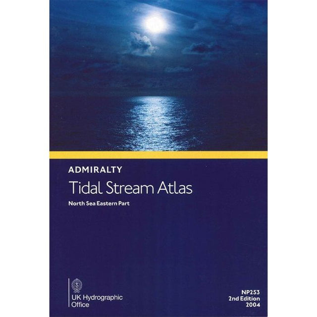 Cover of "Admiralty Tidal Stream Atlas NP253: North Sea, Eastern Part," 2nd edition, 2004. The design enhances voyage planning with a moonlit night sky and tidal stream directions under a full moon. Published by the United Kingdom Hydrographic Office.