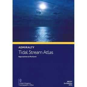 Cover of Admiralty Tidal Stream Atlas NP257: Approaches to Portland by Admiralty, 3rd edition (1973), featuring a blue and yellow moonlit sea under cloudy night sky. Published by the UK Hydrographic Office; ideal for maritime navigation.