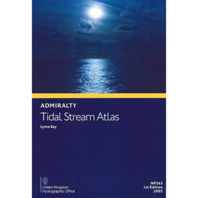 Cover of the Admiralty Tidal Stream Atlas NP263: Lyme Bay by Admiralty, perfect for voyage planning, shows a moonlit ocean under cloudy skies with white and yellow text and the United Kingdom Hydrographic Office logo.