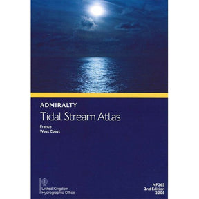 Cover of "Admiralty Tidal Stream Atlas NP265: France, West Coast" by Admiralty features a moonlit sea at night. The 2nd edition (2005) aids navigation and tidal calculations along the French west coast.
