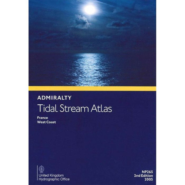 Cover of "Admiralty Tidal Stream Atlas NP265: France, West Coast," published by the United Kingdom Hydrographic Office. Ideal for voyage planning, it features a moonlit ocean view perfect for accurate tidal calculations.