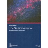 Cover of "Admiralty Nautical Almanac NP314 (2025)" by Admiralty. The top displays a starry sky with a nebula, perfect for celestial navigation studies. The bottom features a blue background with the UK Hydrographic Office logo and text.