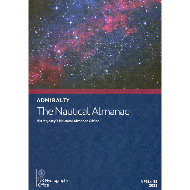 Cover of "Admiralty Nautical Almanac NP314 (2025)" by Admiralty. The top displays a starry sky with a nebula, perfect for celestial navigation studies. The bottom features a blue background with the UK Hydrographic Office logo and text.