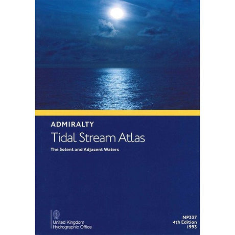 The cover of "Admiralty Tidal Stream Atlas NP337: The Solent and Adjacent Waters" by the United Kingdom Hydrographic Office, fourth edition (1993), showcases a moonlit ocean view perfect for tidal calculations.