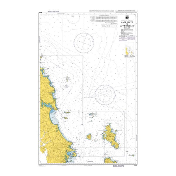 Admiralty Chart NZ52: Cape Brett to Cuvier Island (Repanga Island) by Admiralty shows coastline, sea depths, and navigation details. Land is yellow, ocean white, with grid lines and detailed maritime info for the area.