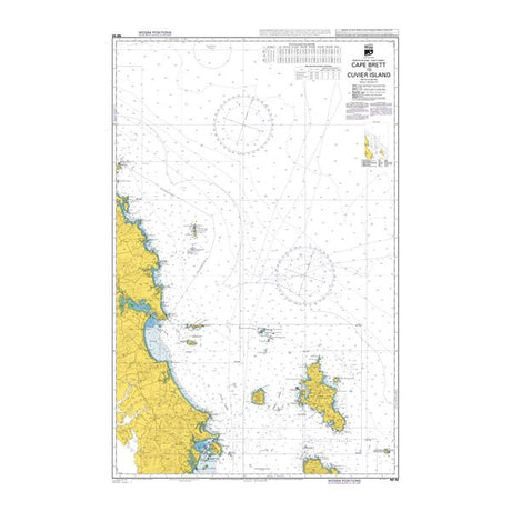 Admiralty Chart NZ52: Cape Brett to Cuvier Island (Repanga Island) by Admiralty shows coastline, sea depths, and navigation details. Land is yellow, ocean white, with grid lines and detailed maritime info for the area.