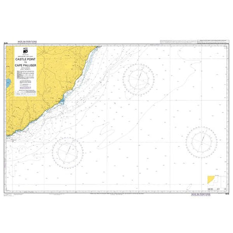 Admiralty Chart NZ58: Castlepoint to Cape Palliser / Matakitakiakupe by Admiralty displays coastal land in yellow, ocean depths, navigational markers, compass roses, and a title box for marine navigation.