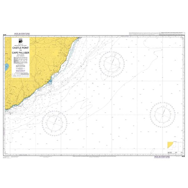 Admiralty Chart NZ58: Castlepoint to Cape Palliser / Matakitakiakupe by Admiralty displays coastal land in yellow, ocean depths, navigational markers, compass roses, and a title box for marine navigation.
