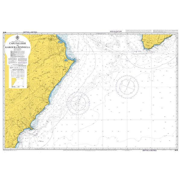Admiralty Chart NZ62: Cape Palliser or Matakitakiakupe to Kaikoura Peninsula by Admiralty shows coastline, depth markings, navigational symbols, yellow land areas, ocean features, and compass roses for safe navigation.