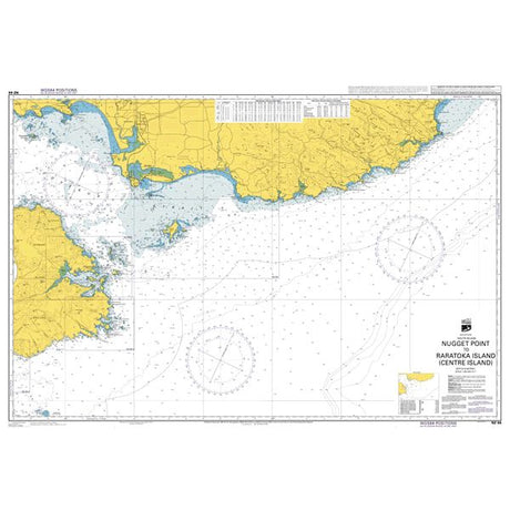 Admiralty Chart NZ68: Nugget Point to Rarotoka Island by Admiralty features coastal outlines in yellow, water depths, navigation markers, and detailed maritime data for safe navigation around New Zealand.