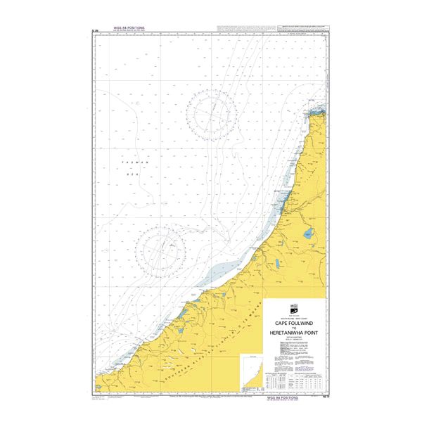 Admiralty Chart NZ72: Cape Foulwind to Heretaniwha Point by Admiralty shows coastal contours, depth markings, navigation symbols, and yellow-labeled land areas along the right side, produced to Admiralty Standard by the UK Hydrographic Office.