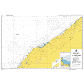 Admiralty Chart NZ73: Abut Head to Milford Sound (Admiralty) shows the southwestern New Zealand coast, including coastline, Milford Sound, water depths, navigation markers, an inset map, and labeled marine features.