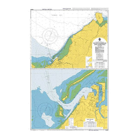 Admiralty Chart NZ6142: Nelson Harbour and Entrance by Admiralty features detailed coastal outlines, water depths, navigation aids, shipping routes, and landmarks in yellow, green, and blue for safe navigation.