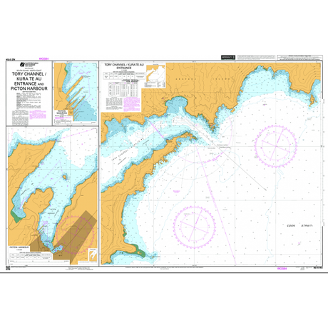 Admiralty Chart NZ6154: Tory Channel / Kura Te Au Entrance and Picton Harbour by Admiralty displays depth contours, navigation routes, landmarks, and detailed insets. Orange marks land; blue shows water depths for safe, comprehensive navigation.