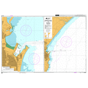 Admiralty Chart NZ6422: Approaches to Timaru by Admiralty offers detailed coastal outlines, harbor info, water depths (blue), land (yellow), navigation aids, compass roses, and key maritime details for safe navigation near Timaru, New Zealand.
