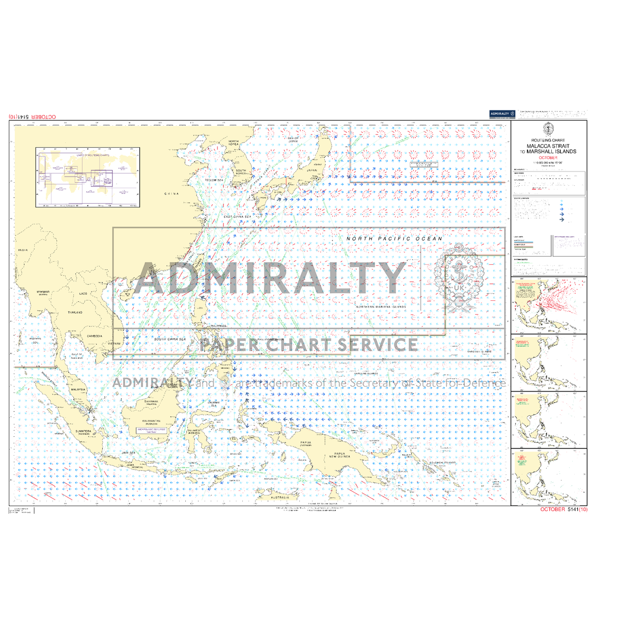 Admiralty Routeing Chart 5141(10): Malacca Strait to Marshall Islands (October) by Admiralty shows ocean navigation routes across the western Pacific, covering Southeast Asia, Australia, Japan, and the Marshall Islands.