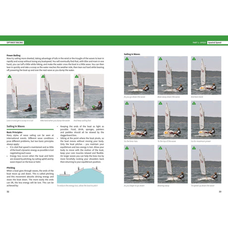 A two-page spread from Fernhurst Books' "Optimist Racing" immerses readers in junior sailing. The left page details power sailing techniques with informative text and diagrams, while the right page features nine captioned images of Optimist racing in waves. The scene is set against a backdrop of sea and gray skies, emphasizing mastery of boat speed.